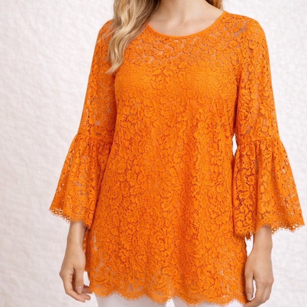 ASOS‎ Orange Floral Lace Bell Sleeve Tunic Top US 6 Keyhole Back Boho F100160